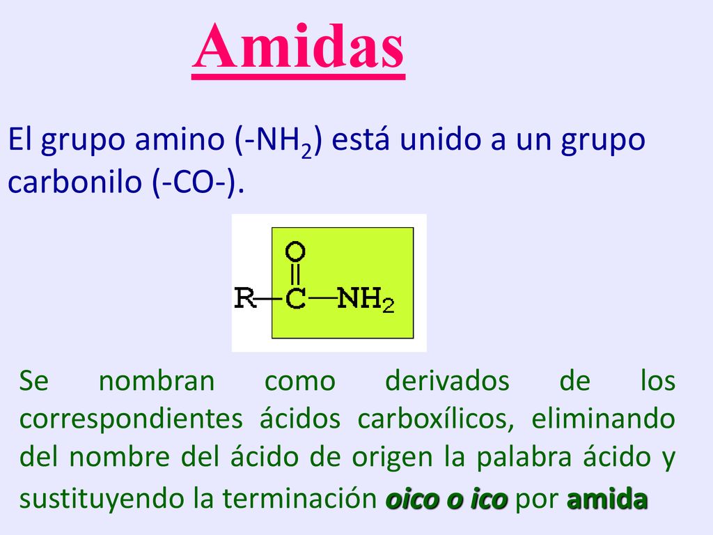Amidas El grupo amino (-NH2) está unido a un grupo carbonilo (-CO-).