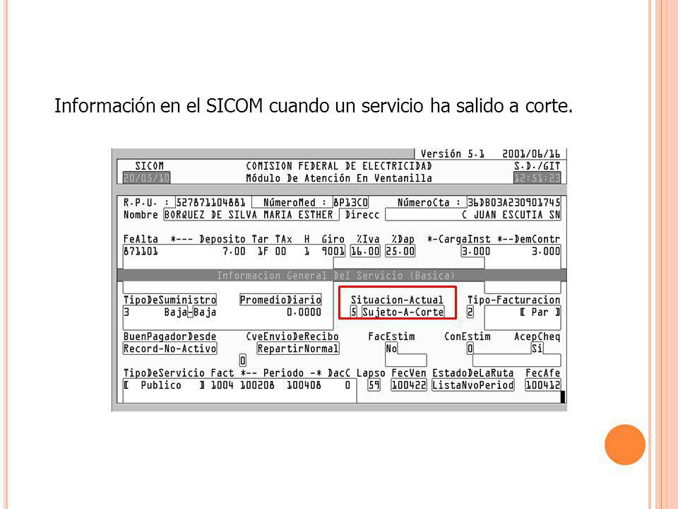 Información en el SICOM cuando un servicio ha salido a corte.