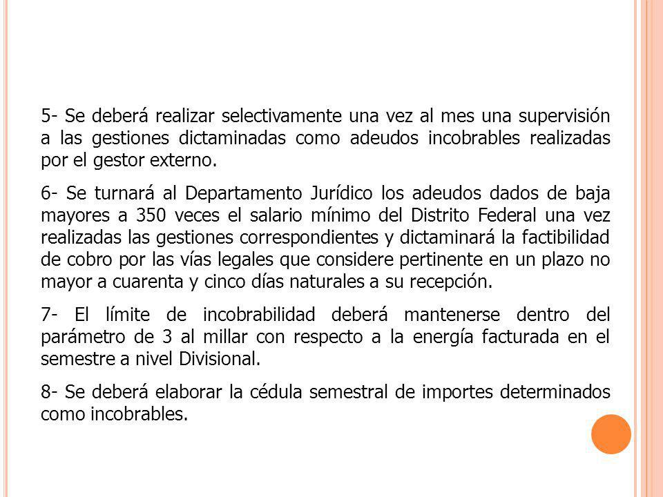 5- Se deberá realizar selectivamente una vez al mes una supervisión a las gestiones dictaminadas como adeudos incobrables realizadas por el gestor externo.