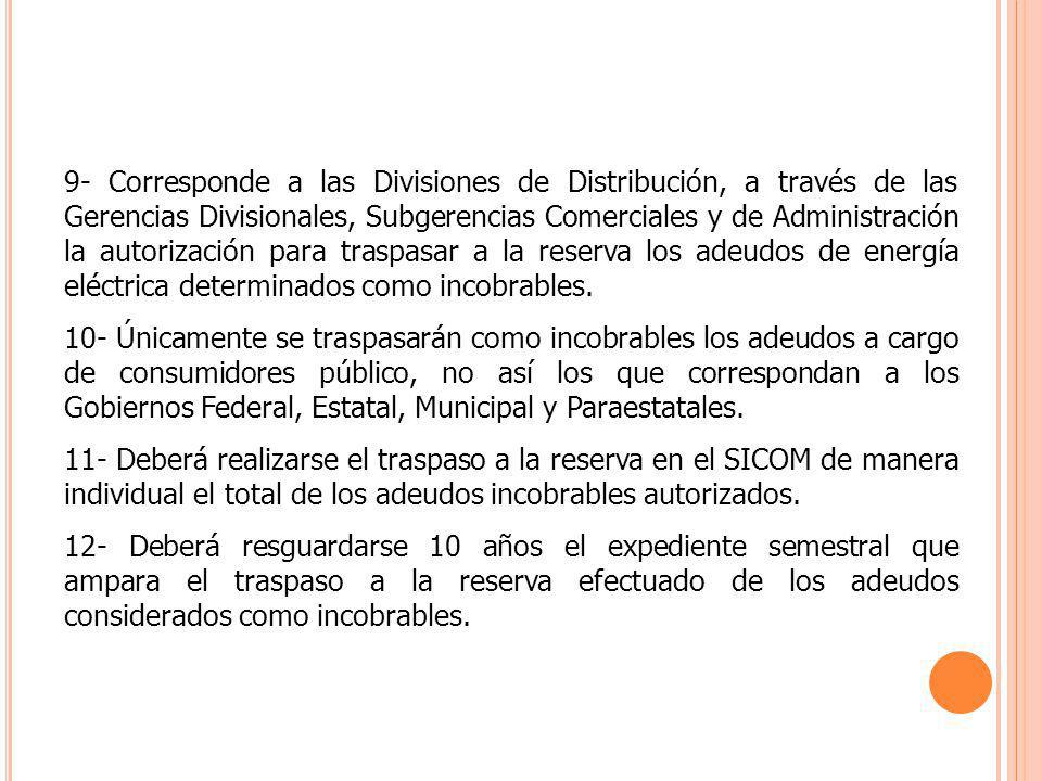 9- Corresponde a las Divisiones de Distribución, a través de las Gerencias Divisionales, Subgerencias Comerciales y de Administración la autorización para traspasar a la reserva los adeudos de energía eléctrica determinados como incobrables.