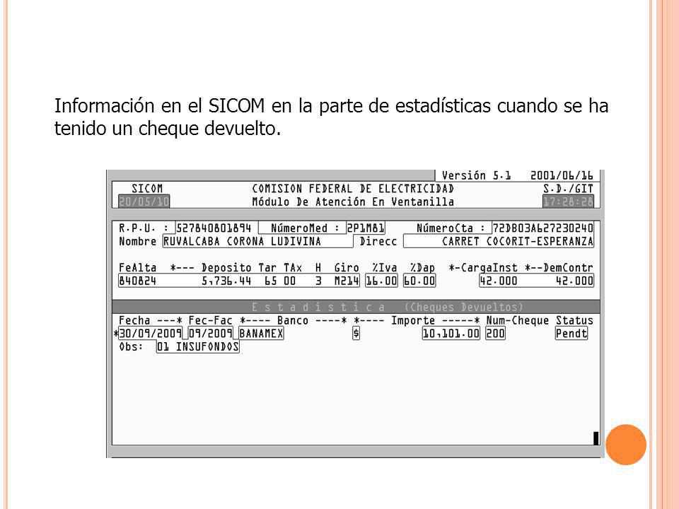 Información en el SICOM en la parte de estadísticas cuando se ha tenido un cheque devuelto.
