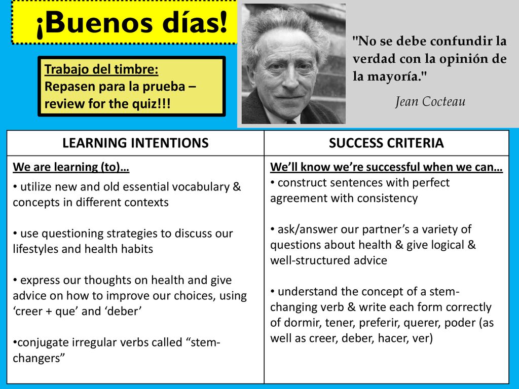 Buenos D as LEARNING INTENTIONS SUCCESS CRITERIA Trabajo Del Timbre buenos-d-as-learning-intentions-success-criteria-trabajo-del-timbre
