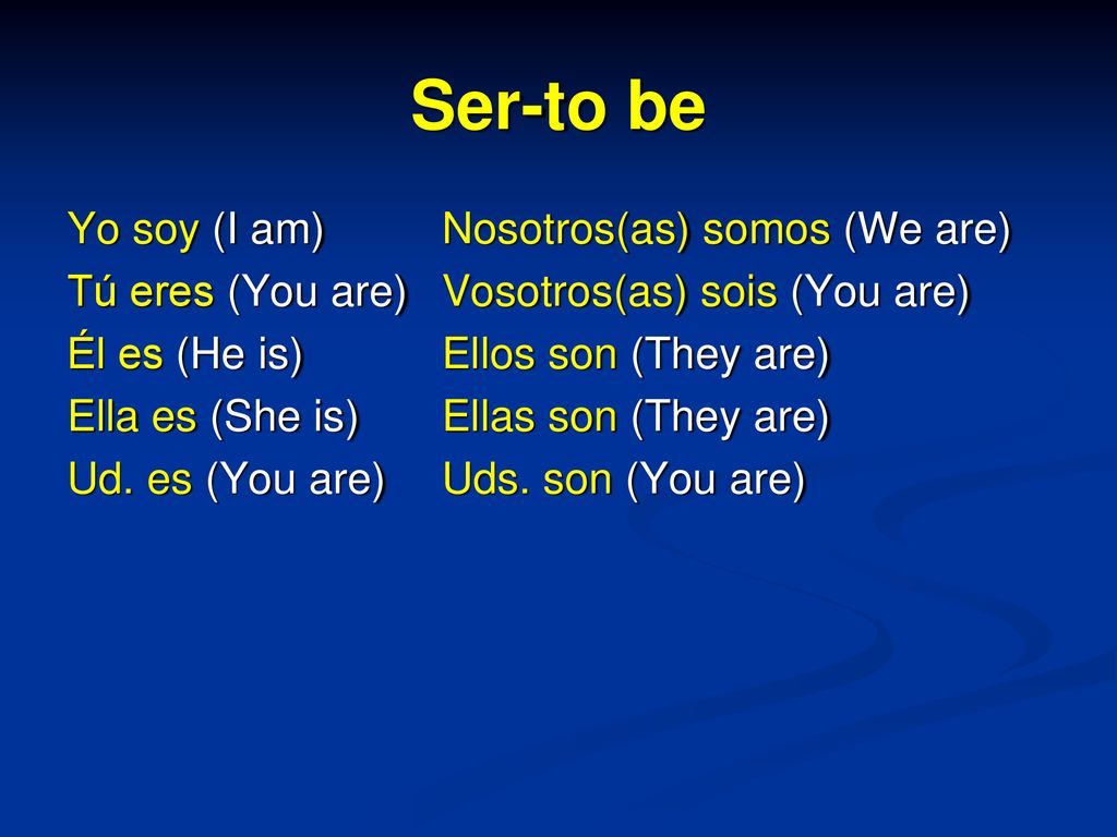 Ser-to be Yo soy (I am) Tú eres (You are) Él es (He is)