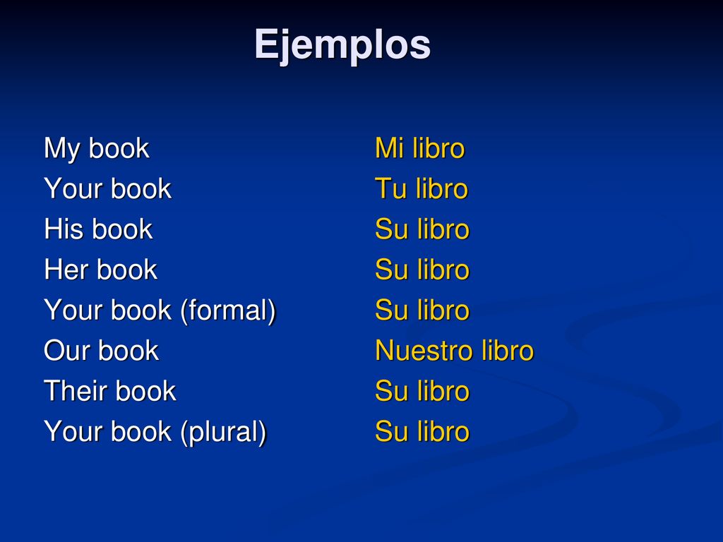Ejemplos My book Your book His book Her book Your book (formal)