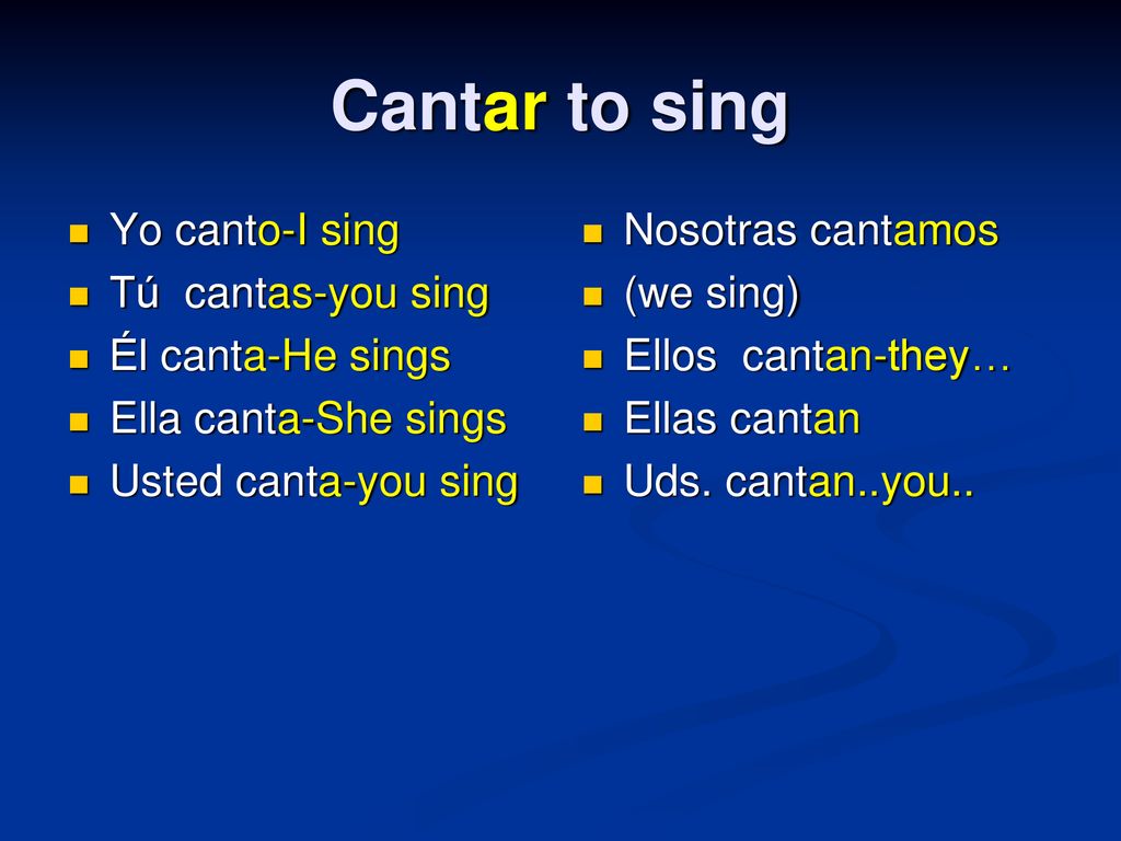 Cantar to sing Yo canto-I sing Tú cantas-you sing Él canta-He sings