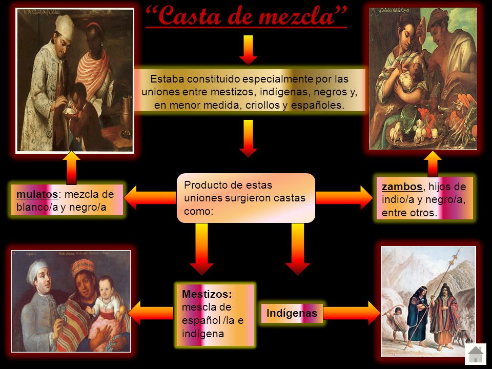 Casta de mezcla Estaba constituido especialmente por las uniones entre mestizos, indígenas, negros y, en menor medida, criollos y españoles.