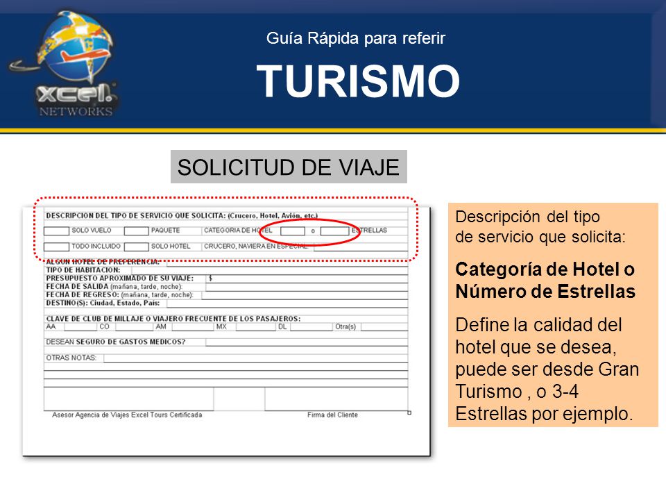 TURISMO SOLICITUD DE VIAJE Categoría de Hotel o Número de Estrellas