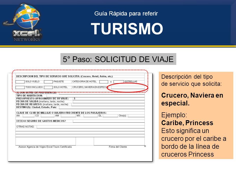 TURISMO 5° Paso: SOLICITUD DE VIAJE Crucero, Naviera en especial.