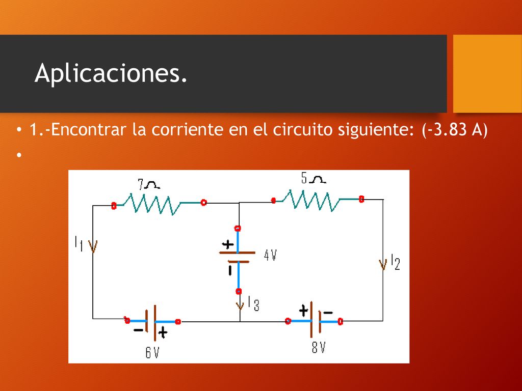 Aplicaciones. 1.-Encontrar la corriente en el circuito siguiente: (-3.83 A)