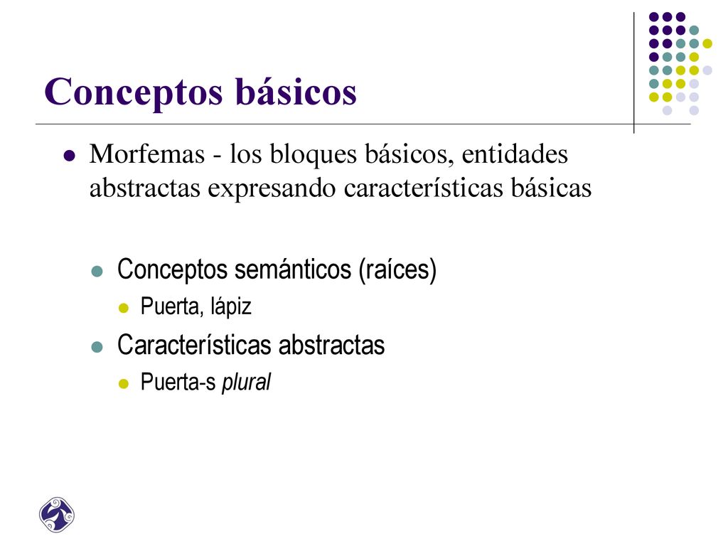 Conceptos básicos Morfemas - los bloques básicos, entidades abstractas expresando características básicas.