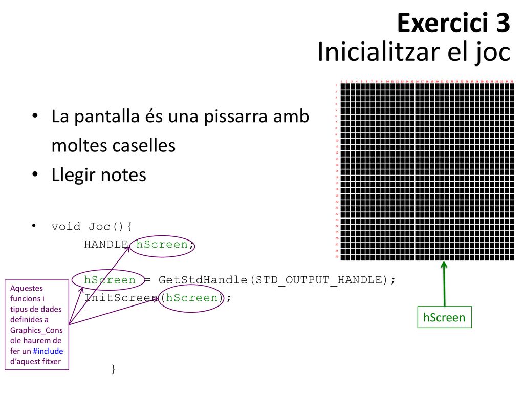 Exercici 3 Inicialitzar el joc La pantalla és una pissarra amb