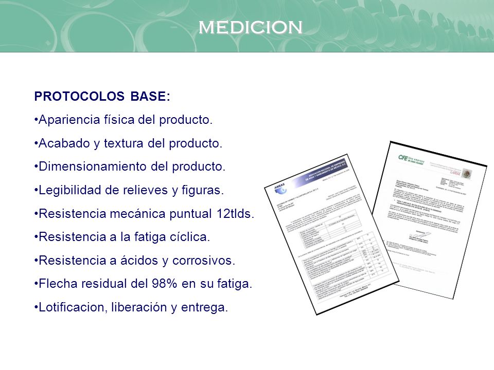medicion PROTOCOLOS BASE: Apariencia física del producto.