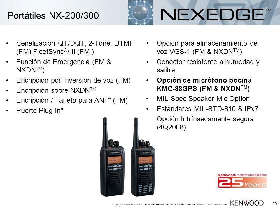 Portátiles NX-200/300 Señalización QT/DQT, 2-Tone, DTMF (FM) FleetSync®/ II (FM ) Función de Emergencia (FM & NXDNTM)