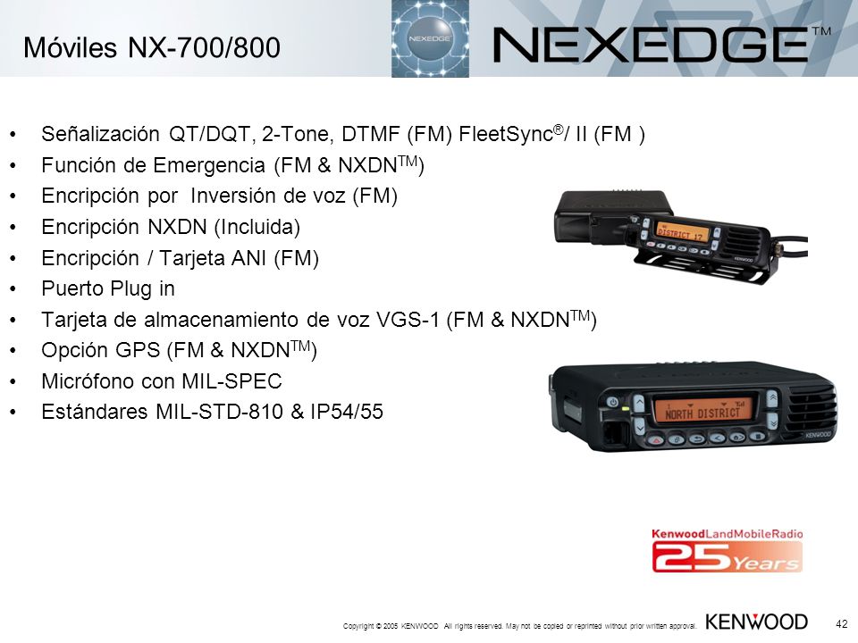 Móviles NX-700/800 Señalización QT/DQT, 2-Tone, DTMF (FM) FleetSync®/ II (FM ) Función de Emergencia (FM & NXDNTM)