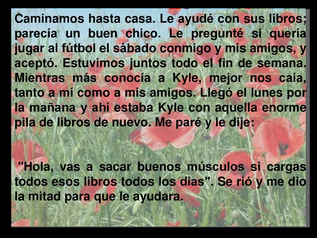 Caminamos hasta casa. Le ayudé con sus libros; parecía un buen chico