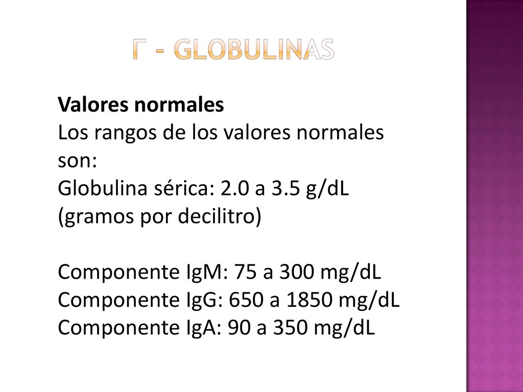 Valores normales Los rangos de los valores normales son: Globulina sérica: 2.0 a 3.5 g/dL (gramos por decilitro)