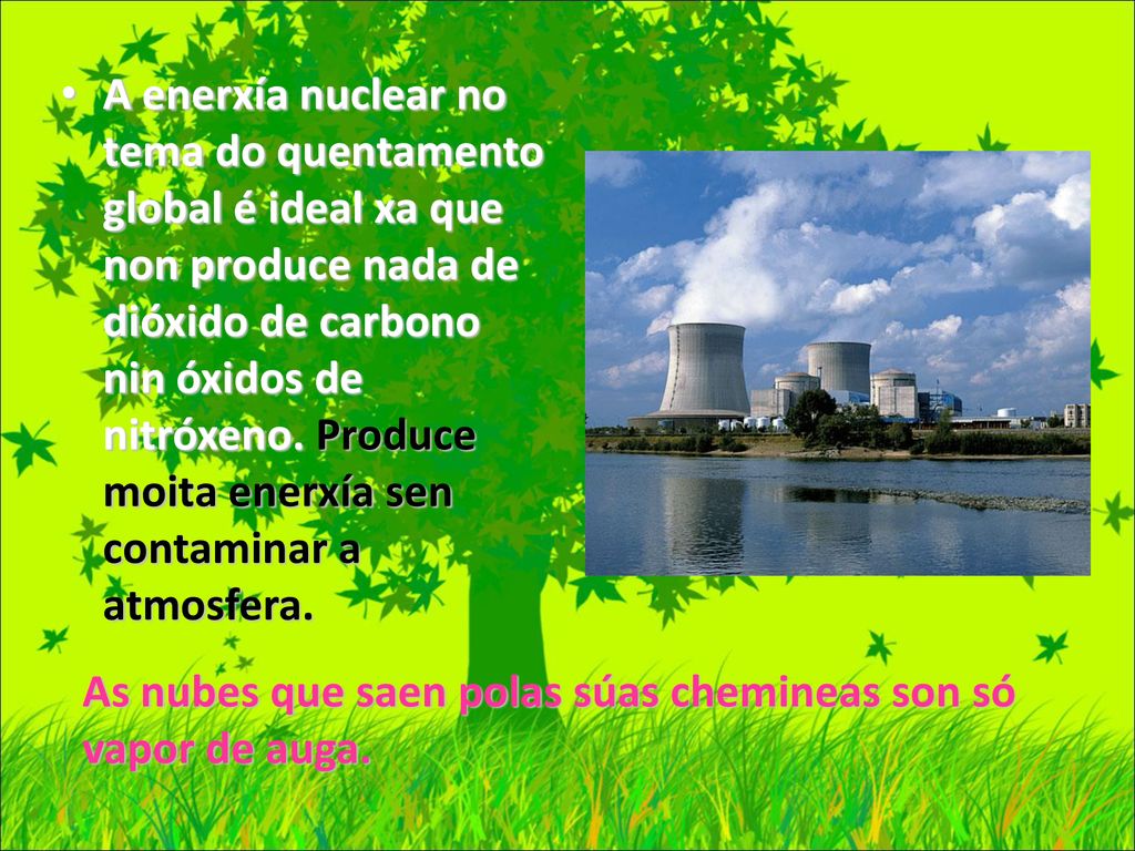 A enerxía nuclear no tema do quentamento global é ideal xa que non produce nada de dióxido de carbono nin óxidos de nitróxeno. Produce moita enerxía sen contaminar a atmosfera.