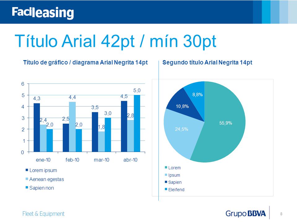 Título Arial 42pt / mín 30pt Título de gráfico / diagrama Arial Negrita 14pt.