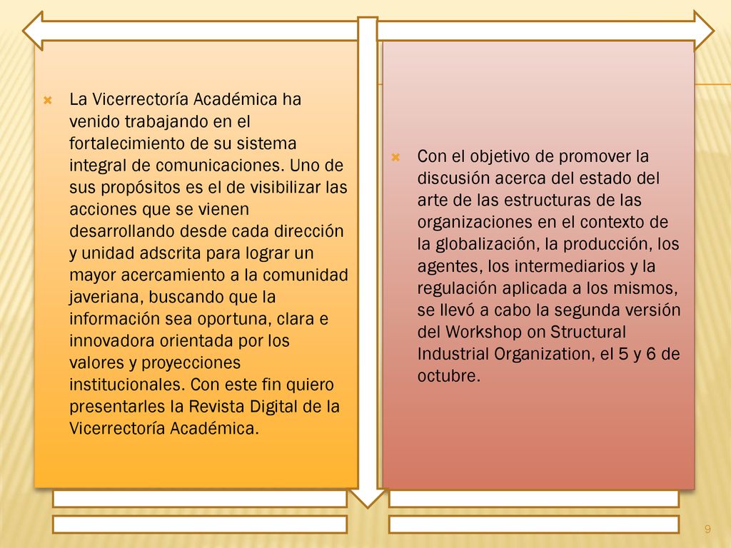 La Vicerrectoría Académica ha venido trabajando en el fortalecimiento de su sistema integral de comunicaciones. Uno de sus propósitos es el de visibilizar las acciones que se vienen desarrollando desde cada dirección y unidad adscrita para lograr un mayor acercamiento a la comunidad javeriana, buscando que la información sea oportuna, clara e innovadora orientada por los valores y proyecciones institucionales. Con este fin quiero presentarles la Revista Digital de la Vicerrectoría Académica.