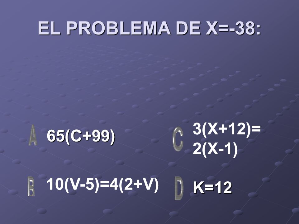 EL PROBLEMA DE X=-38: 3(X+12)= 2(X-1) 65(C+99) 10(V-5)=4(2+V) K=12