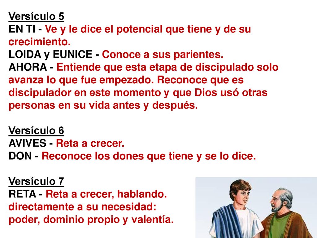 Versículo 5 EN TI - Ve y le dice el potencial que tiene y de su crecimiento. LOIDA y EUNICE - Conoce a sus parientes.