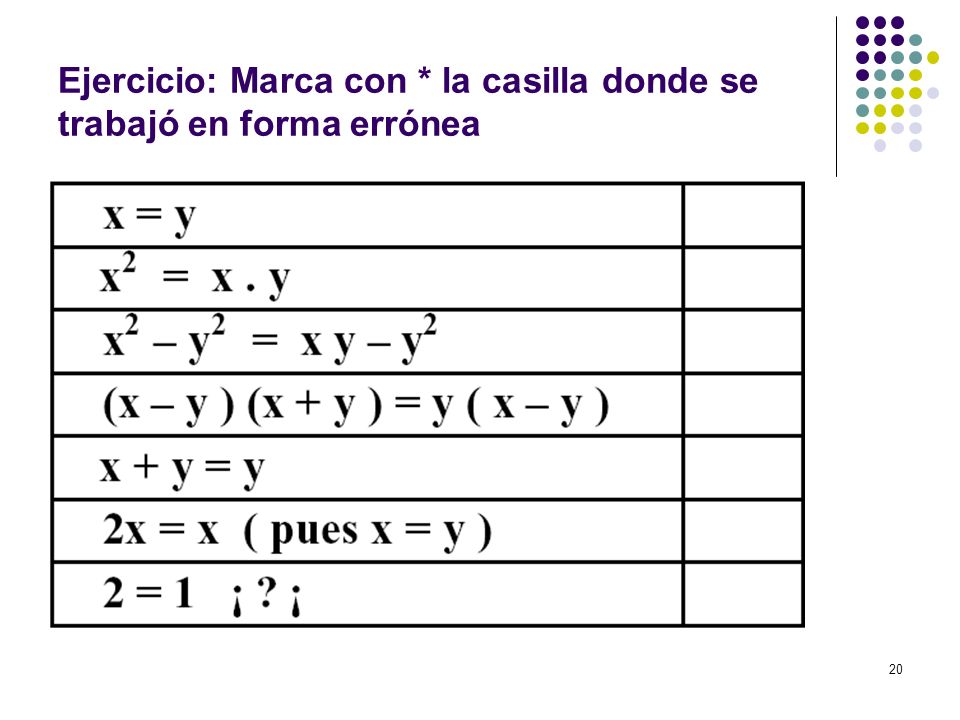 Ejercicio: Marca con * la casilla donde se trabajó en forma errónea