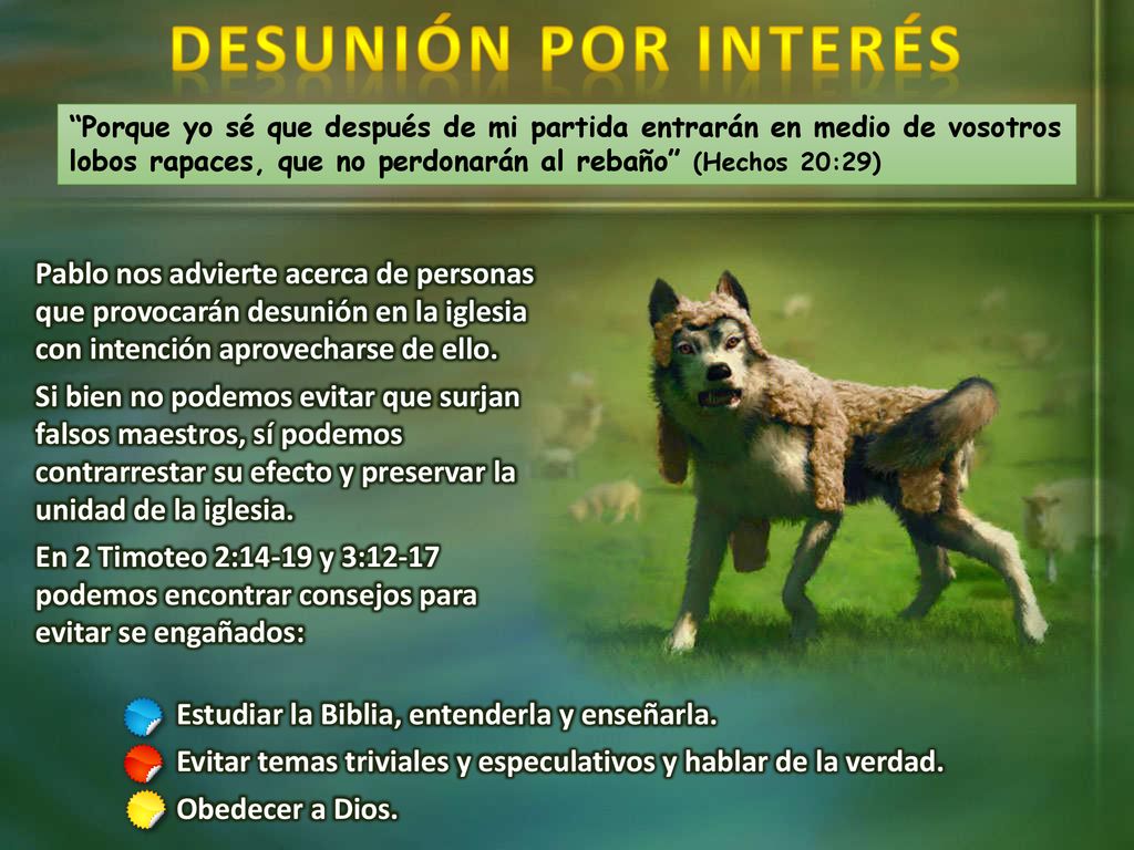 DESUNIÓN POR INTERÉS Porque yo sé que después de mi partida entrarán en medio de vosotros lobos rapaces, que no perdonarán al rebaño (Hechos 20:29)