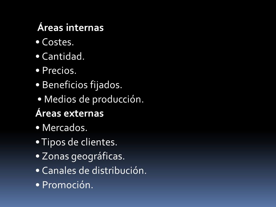 Áreas internas • Costes. • Cantidad. • Precios. • Beneficios fijados