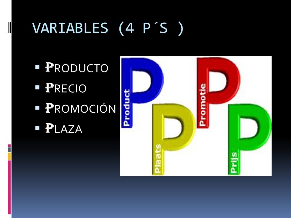 VARIABLES (4 P´S ) PRODUCTO PRECIO PROMOCIÓN PLAZA