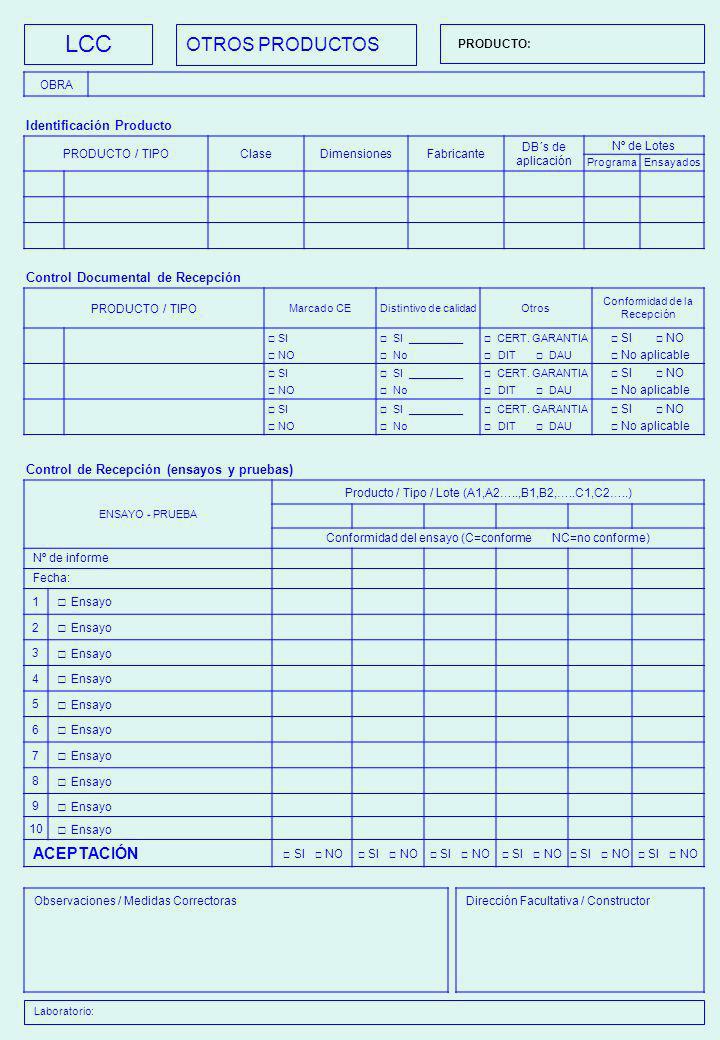 LCC OTROS PRODUCTOS □ Ensayo ACEPTACIÓN Identificación Producto