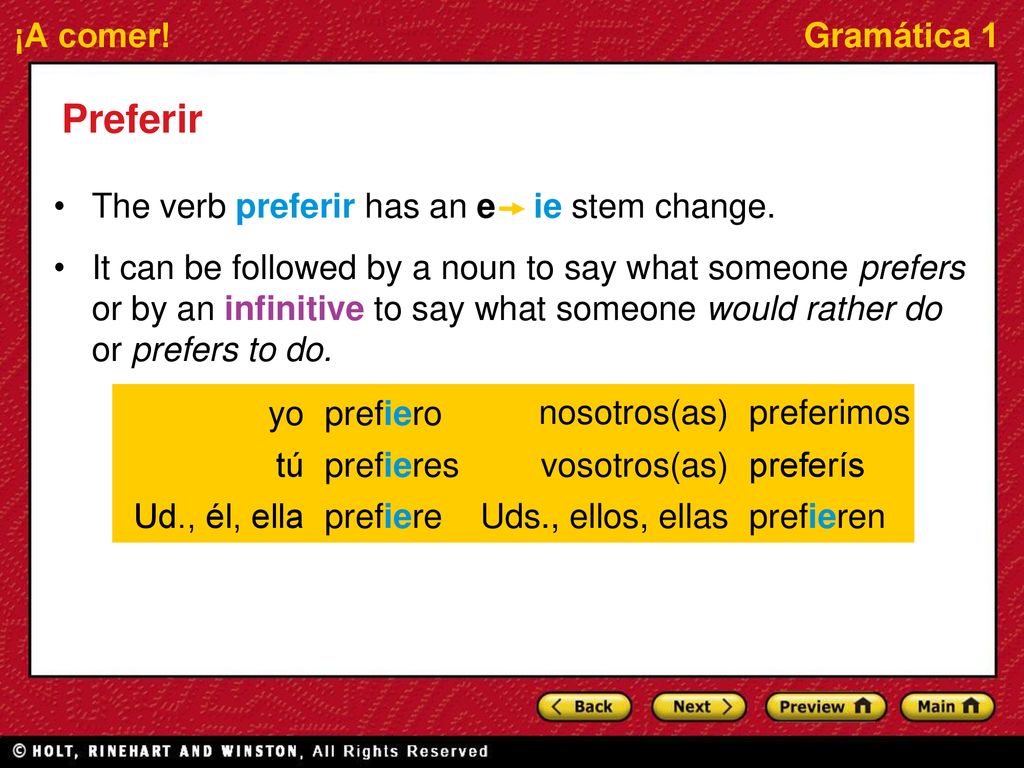 Preferir The verb preferir has an e ie stem change.