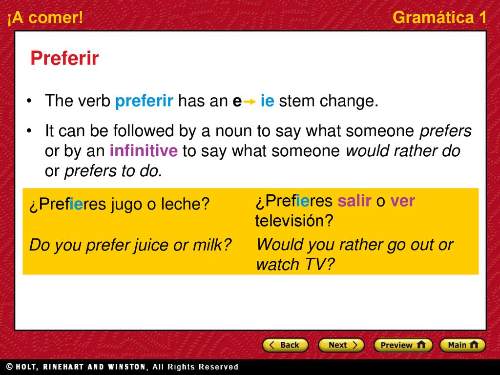 Preferir The verb preferir has an e ie stem change.