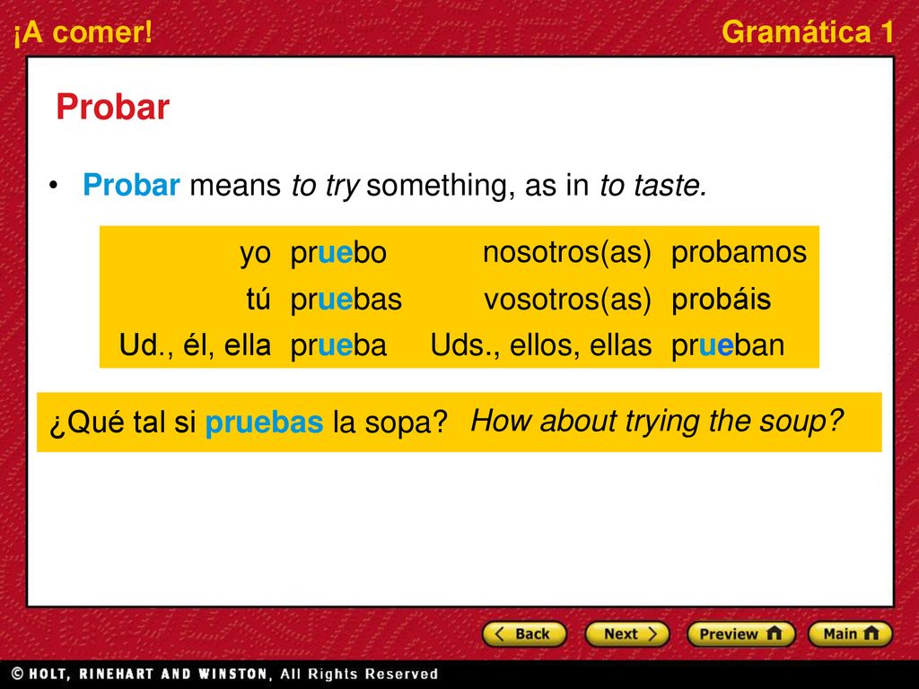 Probar Probar means to try something, as in to taste. yo pruebo