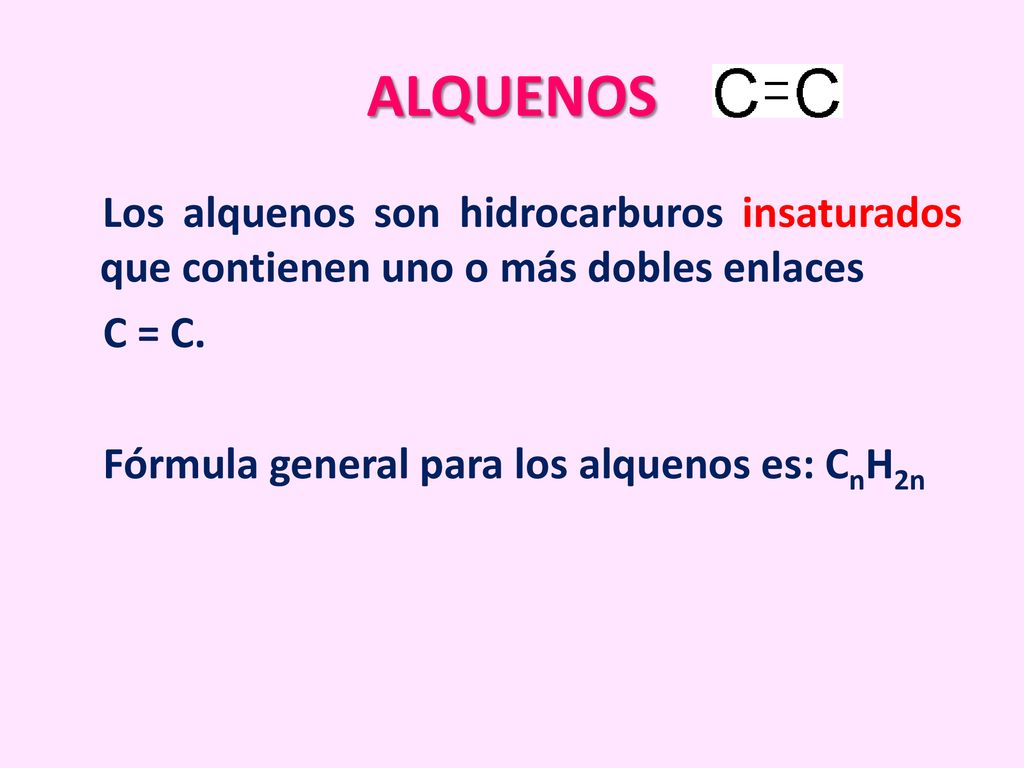 ALQUENOS Los alquenos son hidrocarburos insaturados que contienen uno o más dobles enlaces. C = C.