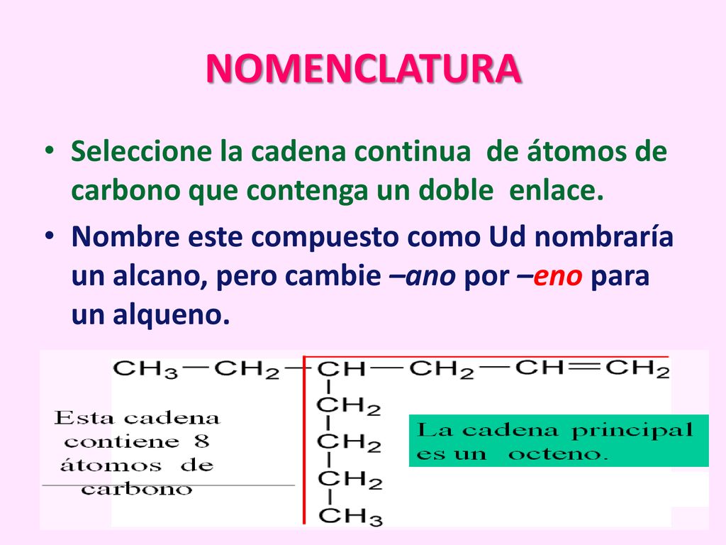 NOMENCLATURA Seleccione la cadena continua de átomos de carbono que contenga un doble enlace.