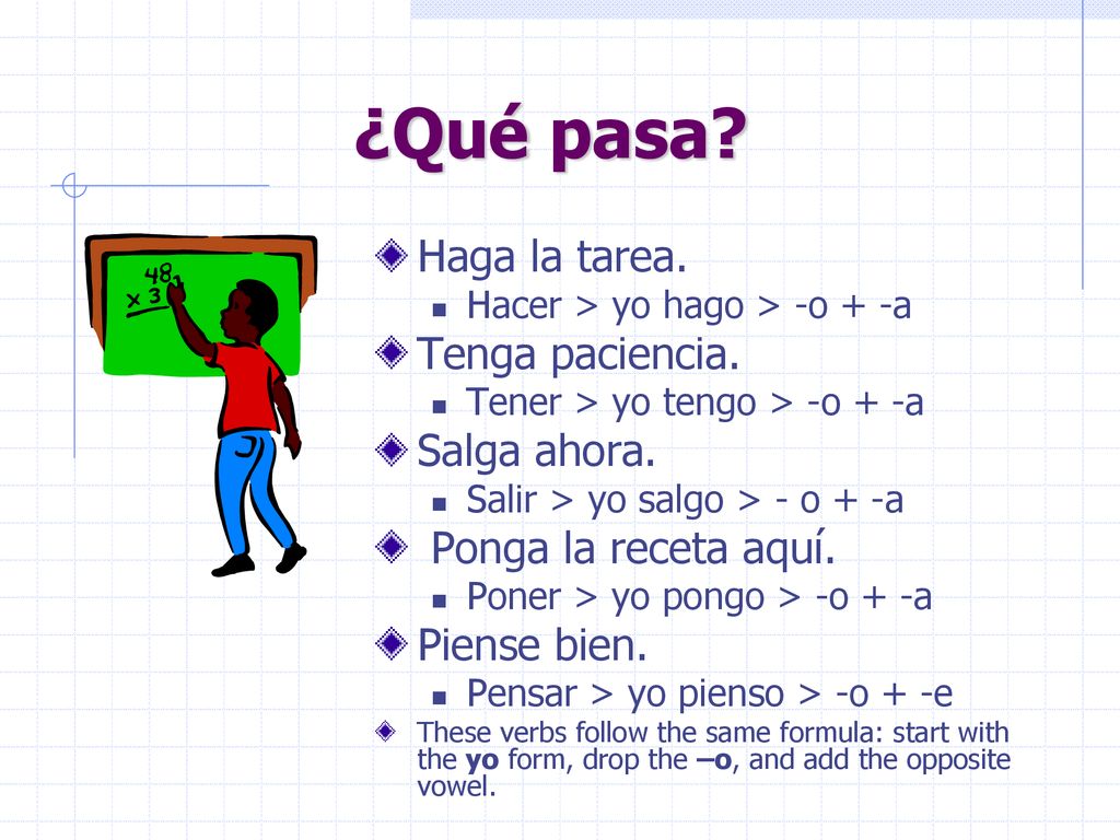 ¿Qué pasa Haga la tarea. Tenga paciencia. Salga ahora.