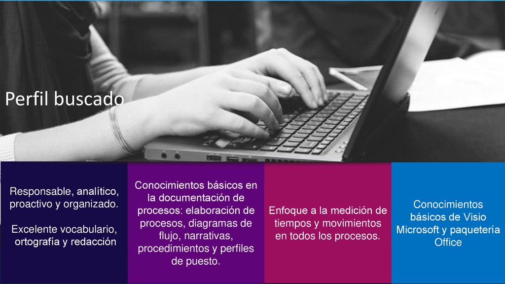 Perfil buscado Responsable, analítico, proactivo y organizado. Excelente vocabulario, ortografía y redacción.