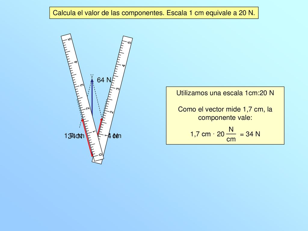 Calcula el valor de las componentes. Escala 1 cm equivale a 20 N.