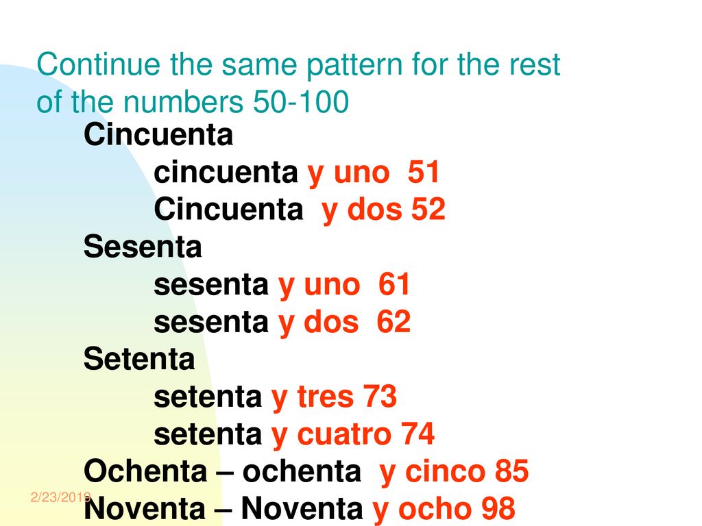 Continue the same pattern for the rest of the numbers