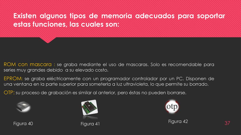 Existen algunos tipos de memoria adecuados para soportar estas funciones, las cuales son: