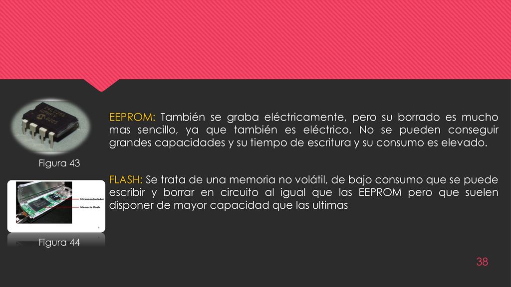 EEPROM: También se graba eléctricamente, pero su borrado es mucho mas sencillo, ya que también es eléctrico. No se pueden conseguir grandes capacidades y su tiempo de escritura y su consumo es elevado. FLASH: Se trata de una memoria no volátil, de bajo consumo que se puede escribir y borrar en circuito al igual que las EEPROM pero que suelen disponer de mayor capacidad que las ultimas