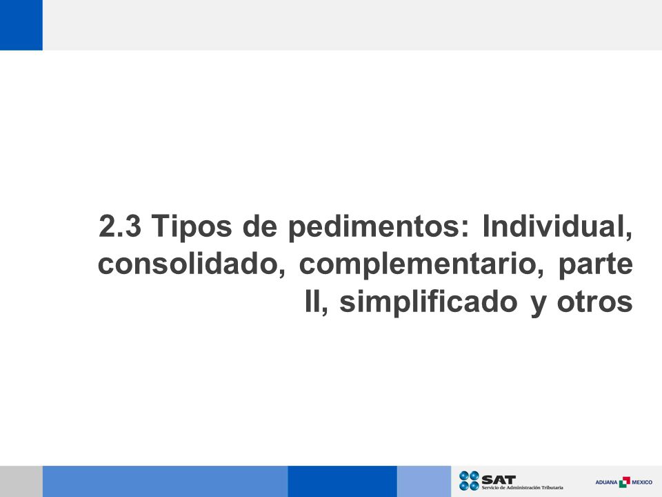 2.3 Tipos de pedimentos: Individual, consolidado, complementario, parte II, simplificado y otros
