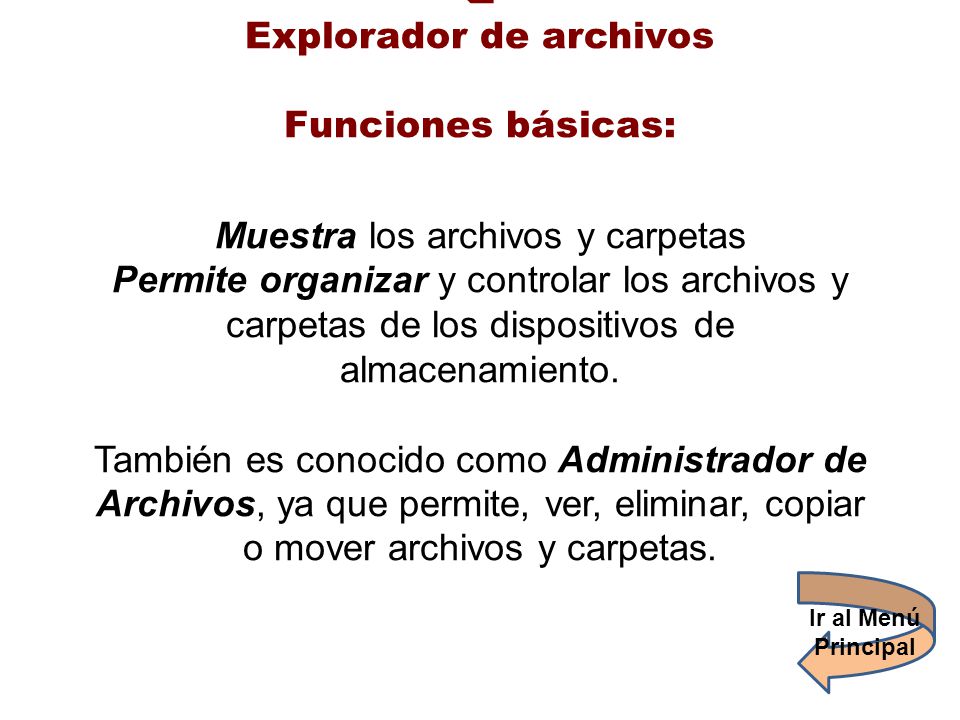 Explorador de archivos Funciones básicas: Muestra los archivos y carpetas Permite organizar y controlar los archivos y carpetas de los dispositivos de almacenamiento. También es conocido como Administrador de Archivos, ya que permite, ver, eliminar, copiar o mover archivos y carpetas.