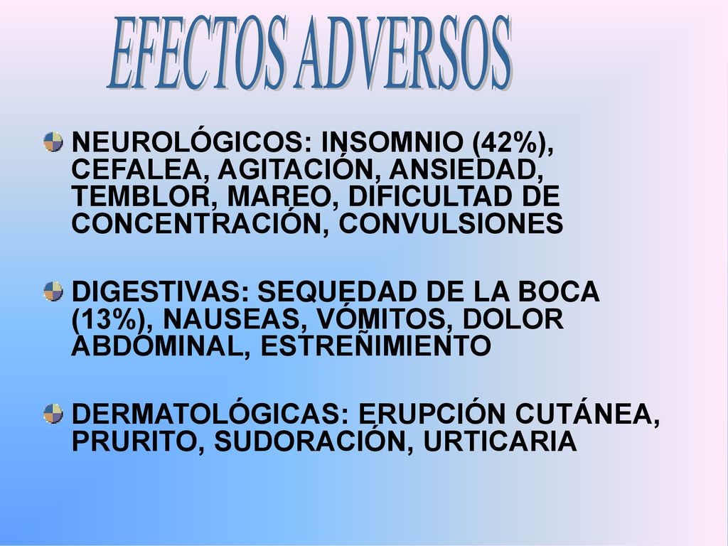 EFECTOS ADVERSOS NEUROLÓGICOS: INSOMNIO (42%), CEFALEA, AGITACIÓN, ANSIEDAD, TEMBLOR, MAREO, DIFICULTAD DE CONCENTRACIÓN, CONVULSIONES.