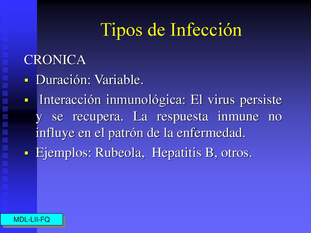 Tipos de Infección CRONICA Duración: Variable.