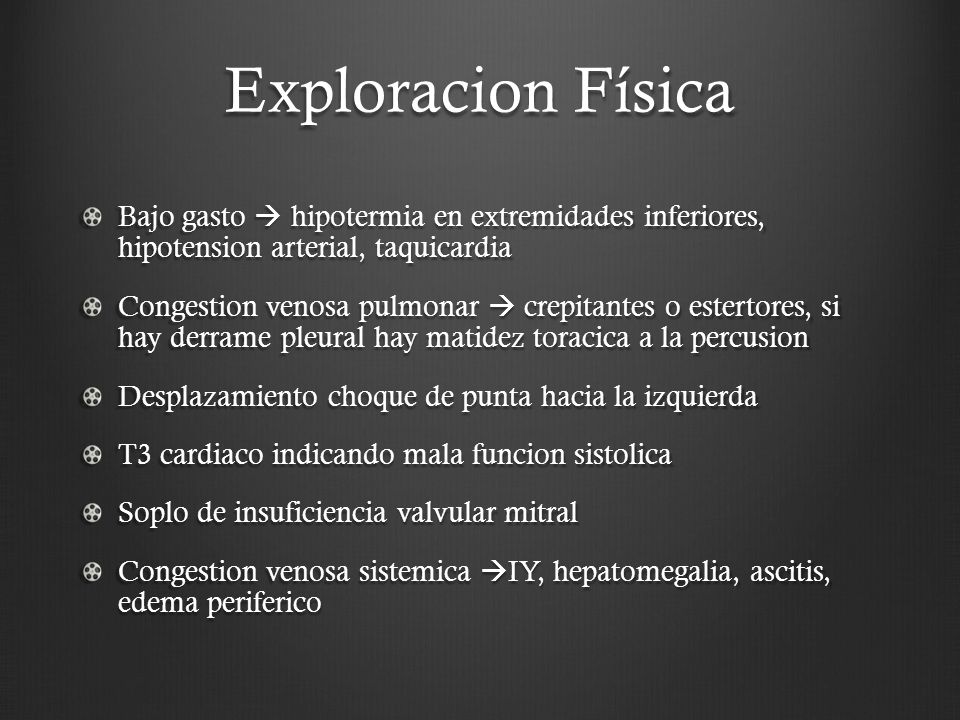Exploracion Física Bajo gasto  hipotermia en extremidades inferiores, hipotension arterial, taquicardia.