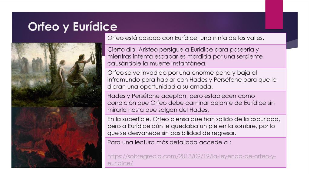 Orfeo y Eurídice Orfeo está casado con Eurídice, una ninfa de los valles.
