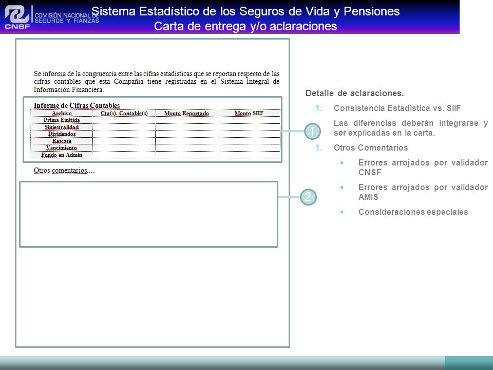 Sistema Estadístico de los Seguros de Vida y Pensiones Carta de entrega y/o aclaraciones