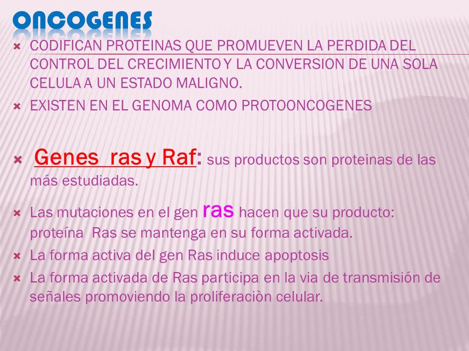 ONCOGENES CODIFICAN PROTEINAS QUE PROMUEVEN LA PERDIDA DEL CONTROL DEL CRECIMIENTO Y LA CONVERSION DE UNA SOLA CELULA A UN ESTADO MALIGNO.