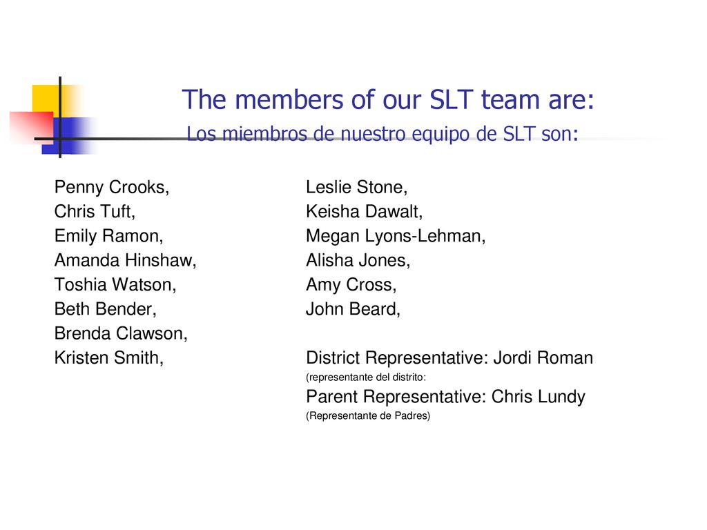 The members of our SLT team are: Los miembros de nuestro equipo de SLT son: